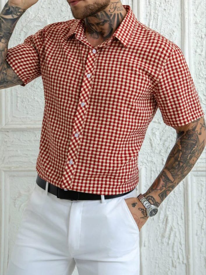 Uptown Funky Bizformal Short Sleeve Plaid Jacquard Woven Vintage Shirt